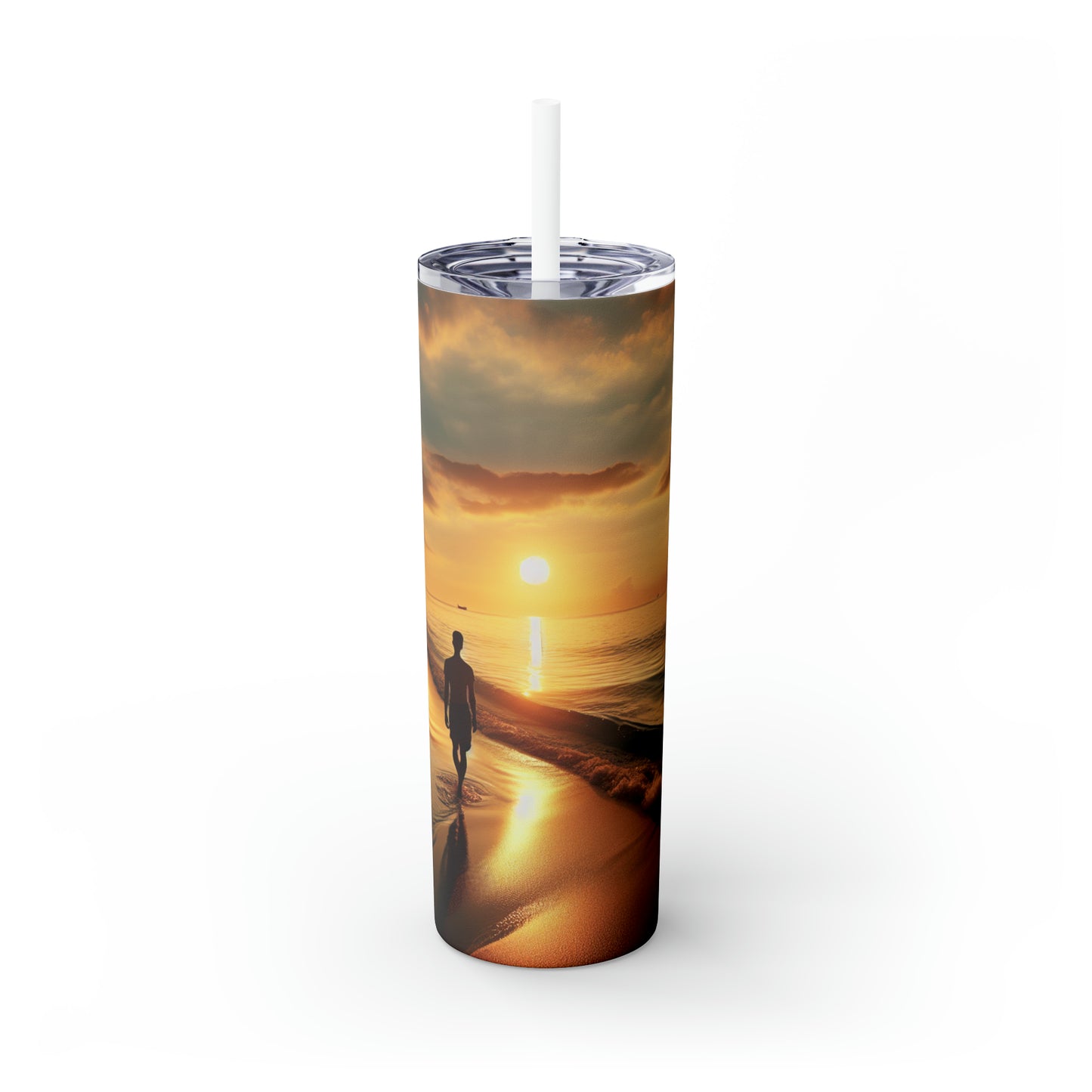 "A Stroll Along the Beach at Sunset" - The Alien Maars® Skinny Tumbler with Straw 20oz Photorealism Style