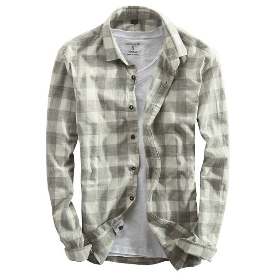 New Men's Shirt Cotton Washed Long-Sleeved Lapel Plaid Shirt Cotton Shirt Men