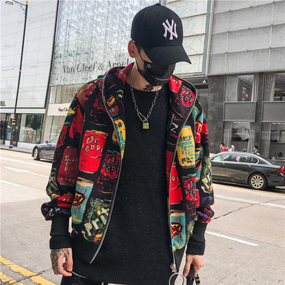 Printed Cardigan Jacket High Street Hip Hop Men's Loose Hooded Jacket