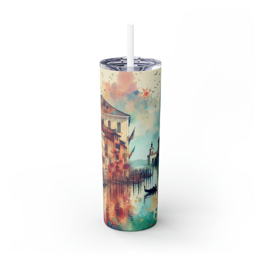 Tranquil Coast: A Serene Watercolor Sunset Painting - The Alien Maars® Skinny Tumbler with Straw 20oz Watercolor Painting