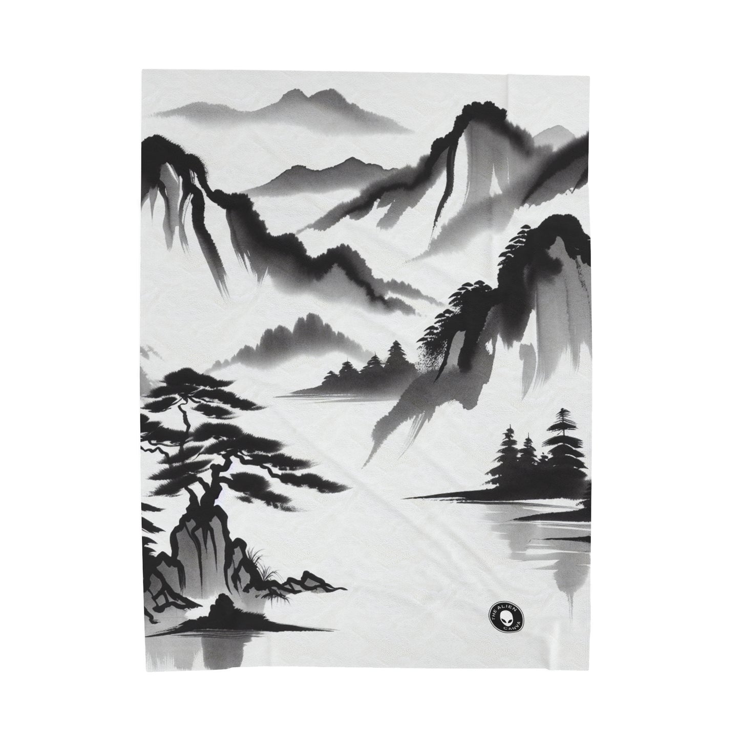 "Mountain Reflection: A Serene Zen Ink Painting" - The Alien Velveteen Plush Blanket Zen Ink Painting