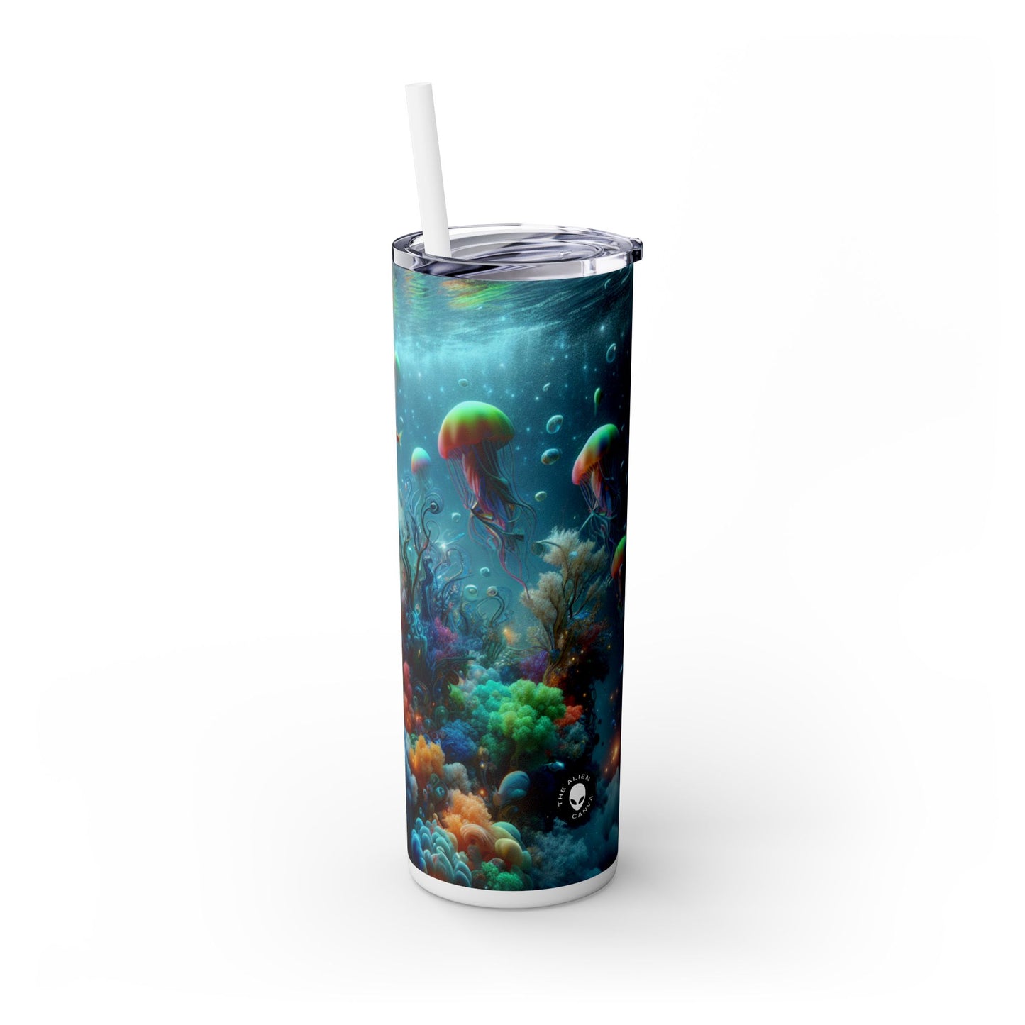 "Los peces de neón bailan en el bosque de corales": vaso estrecho con pajita de 20 oz de Alien Maars®