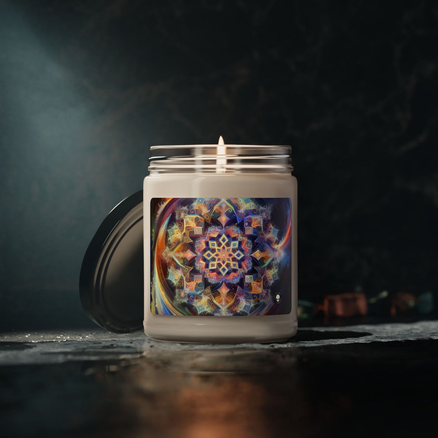 "Mandala dinámico: una pintura geométrica vibrante" - Vela de soja con aroma a alienígena de 9 oz