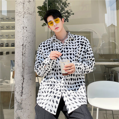 Black And White Collision Geometric Pattern Printed Long-sleeved Shirt Men