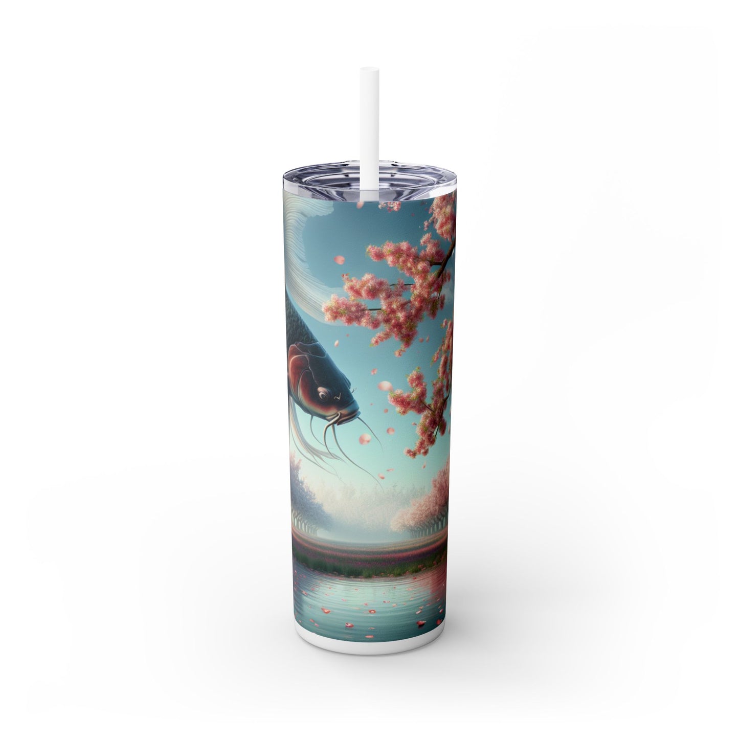 « Poissons koï dans les cerisiers en fleurs : la beauté de la nature » ​​- Verre fin Alien Maars® avec paille 20 oz