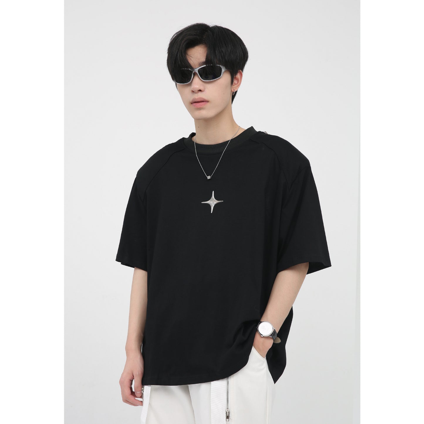 Korean Version Simple Printed Zipper Shoulder Pad Design T-shirt For Men