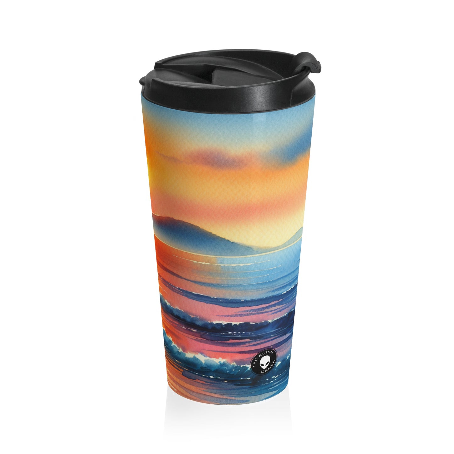 "Lever du soleil sur la plage" - La tasse de voyage en acier inoxydable Alien Peinture à l'aquarelle