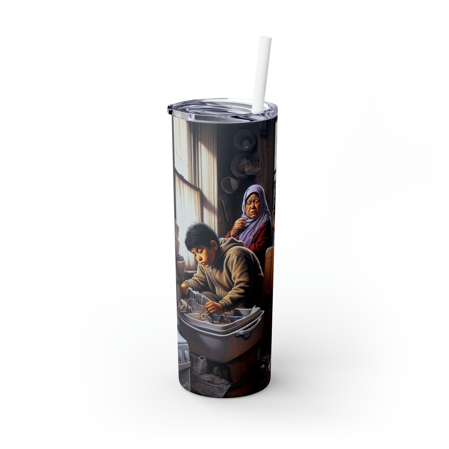 "Uprooted: A Portrait of Displacement" - The Alien Maars® Skinny Tumbler with Straw 20oz Social Realism