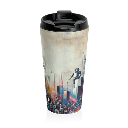 "Robotic Cityscape: A Futuristic Mural" - The Alien Stainless Steel Travel Mug Street Art / Graffiti