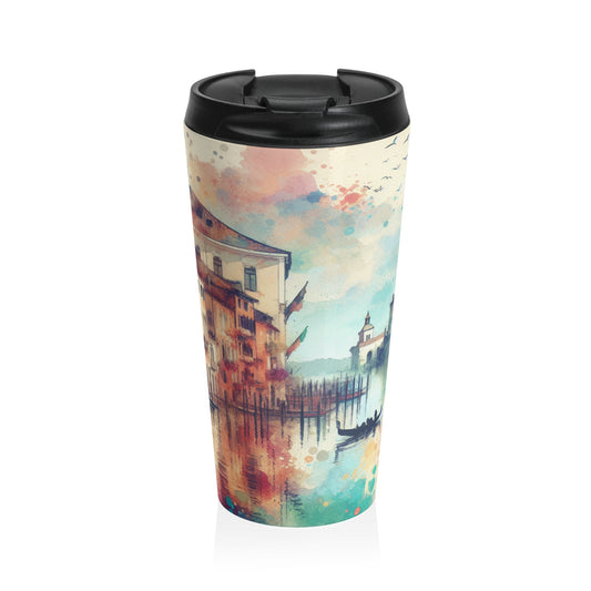 Tranquil Coast: A Serene Watercolor Sunset Painting - The Alien Stainless Steel Travel Mug Watercolor Painting