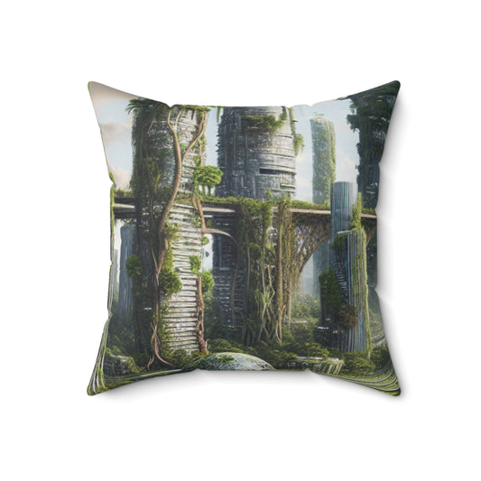 "Nature's Reclamation: A Futuristic Cityscape"- The Alien Spun Polyester Square Pillow