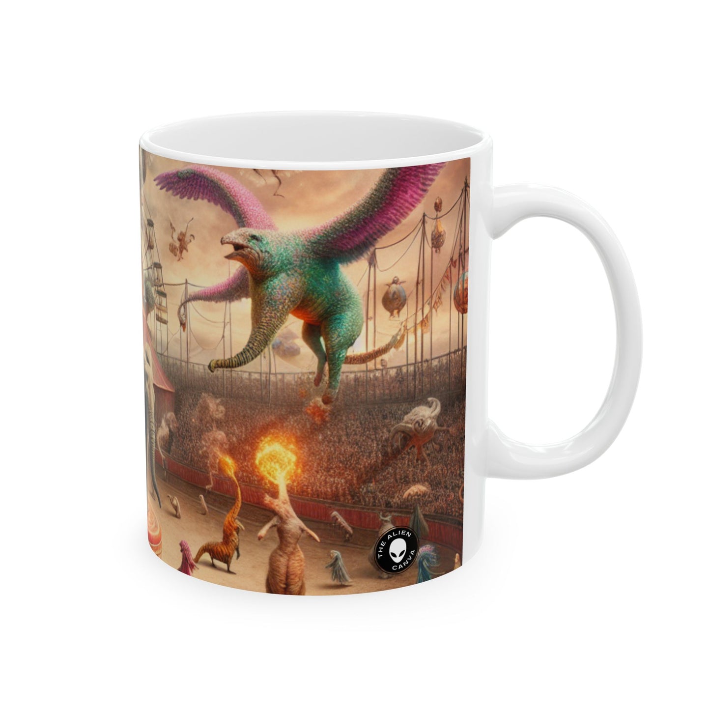 "Circo de fantasía: donde los artistas animales entretienen a los asistentes míticos" - Taza de cerámica The Alien de 11 oz