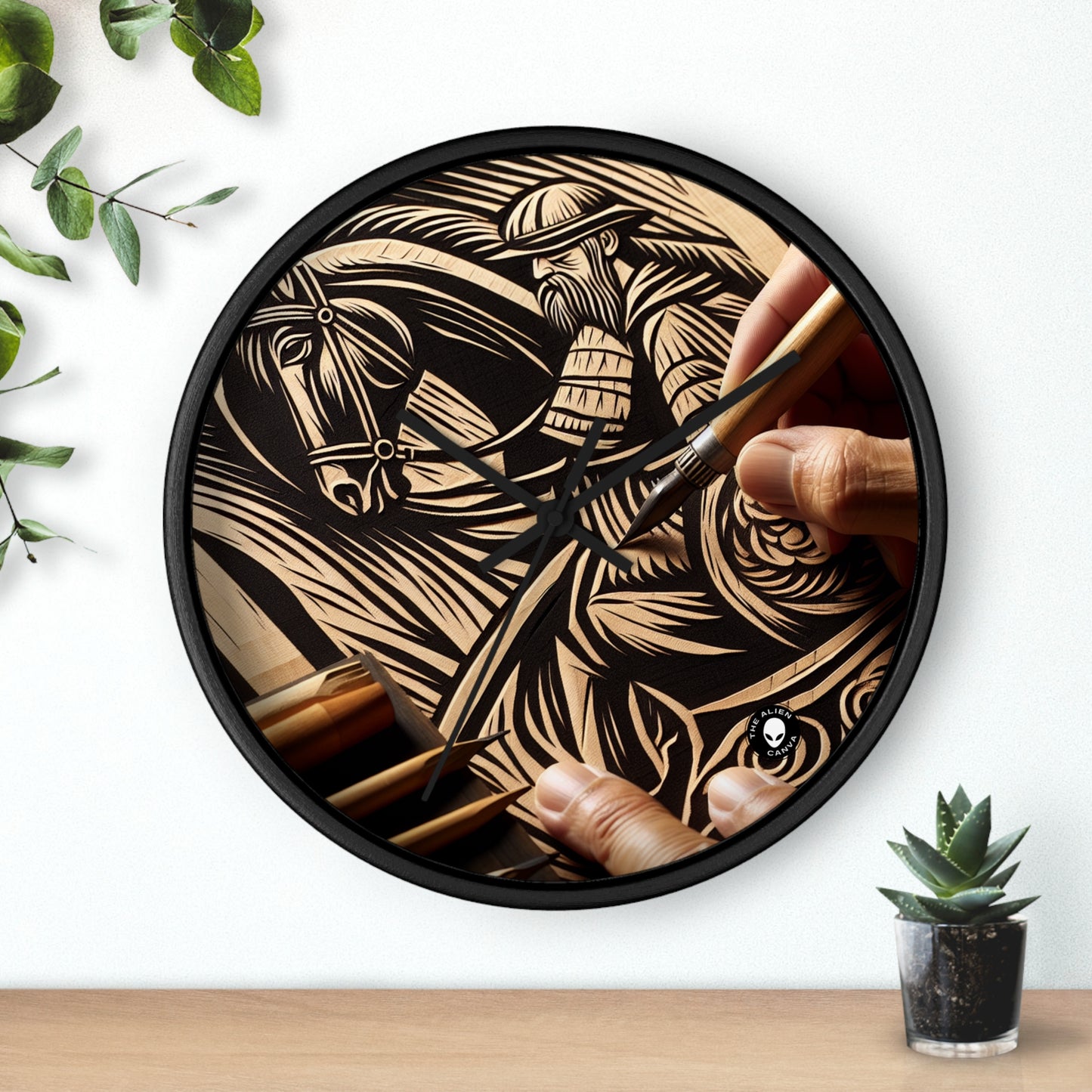 "Enchanting Shadows: A Woodcut Print of the Dancing Northern Lights" - The Alien Wall Clock Woodcut Printing