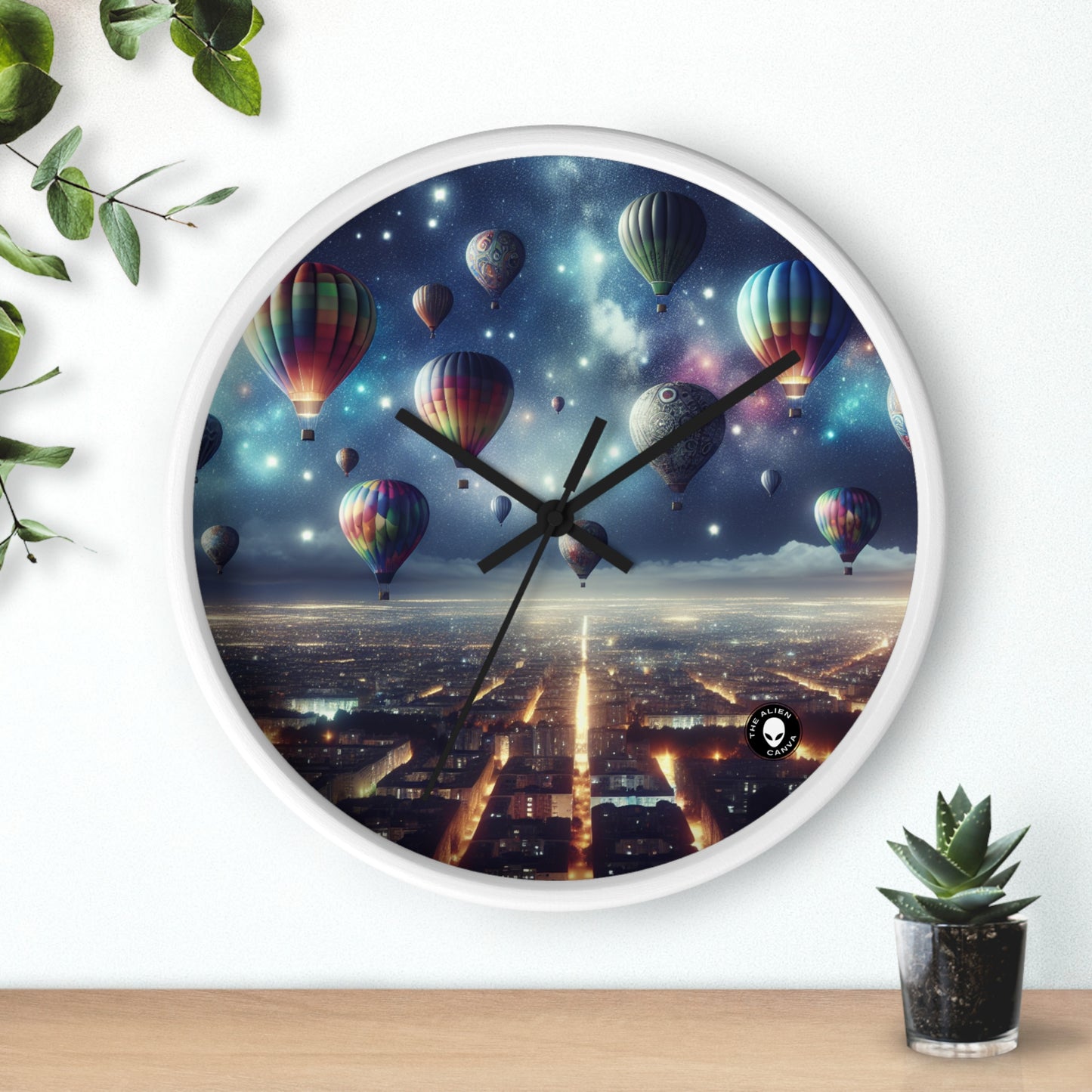 "Viaje nocturno estrellado: globos aerostáticos sobre la ciudad" - El reloj de pared extraterrestre