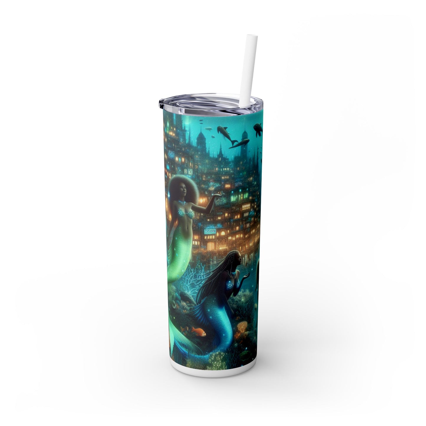 "Profundidades relucientes: la ciudad submarina encantada" - Vaso delgado con pajita de 20 oz de Alien Maars®