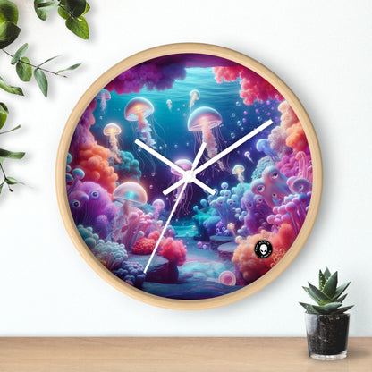 Enchanting Underwater Realm: Glowing Jellyfish and Curious Octopus - The Alien Wall Clock