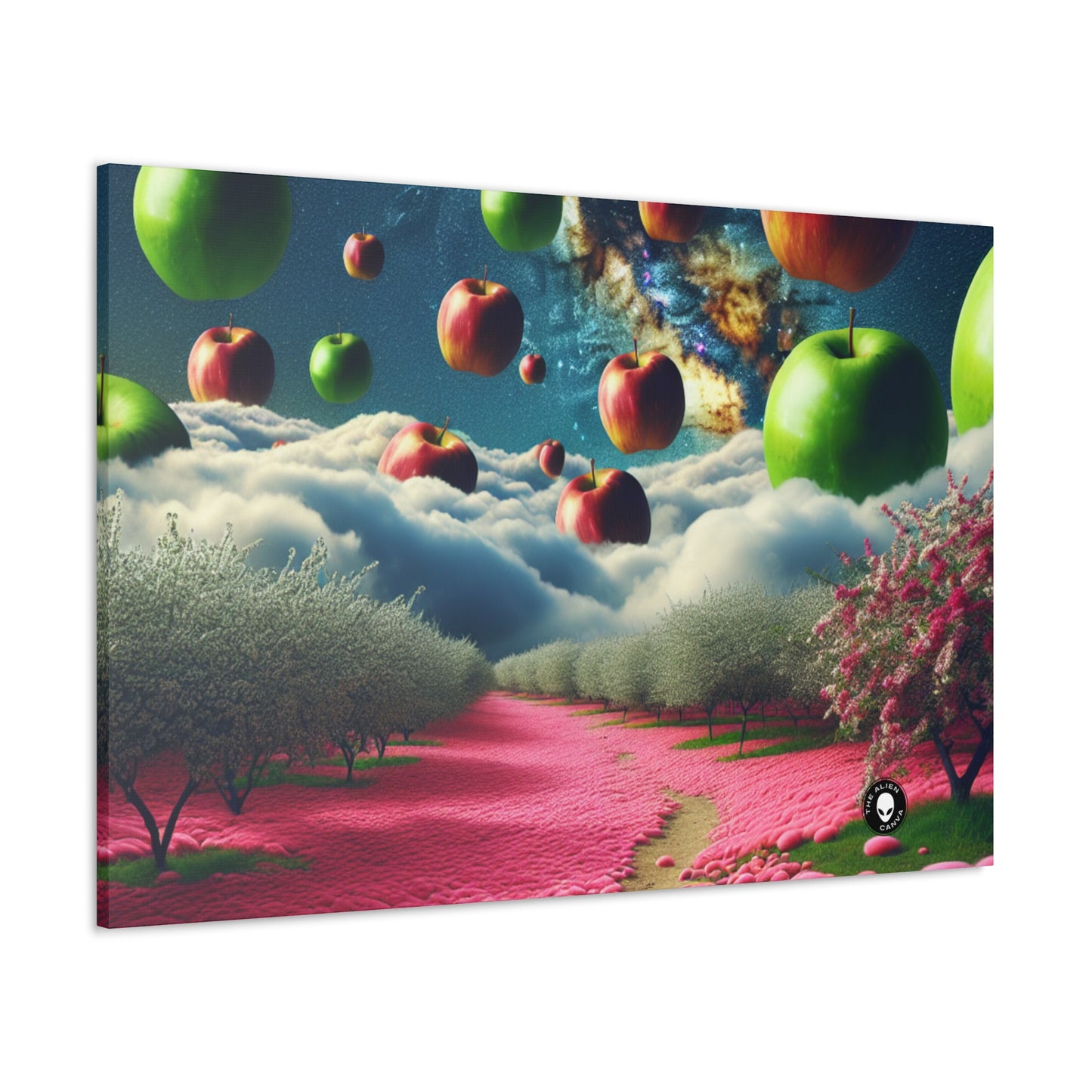 "Apple Sky and Pink Flower Carpet: A Surreal Landscape" - The Alien Canva