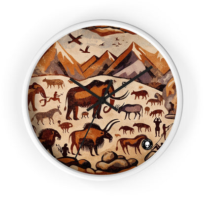 Title: "Ancient Encounter: The Battle of Giants" - The Alien Wall Clock Cave Painting