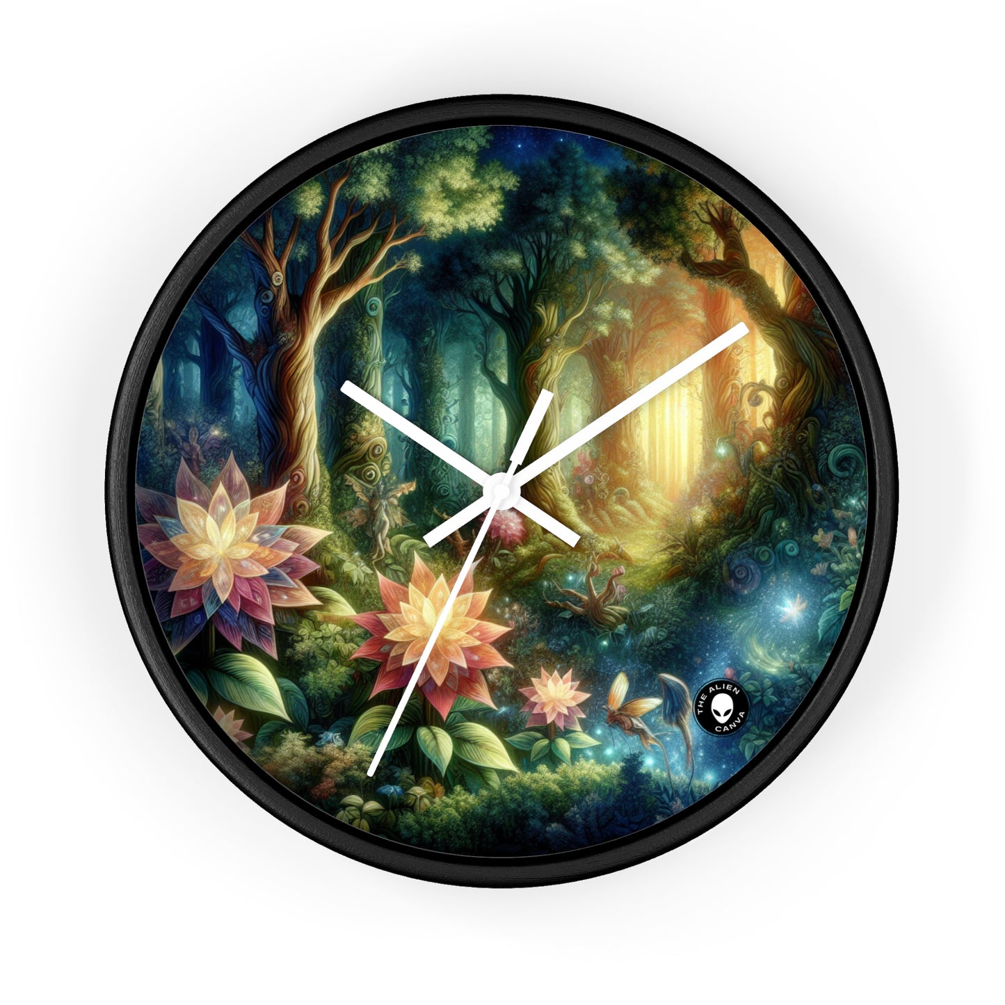 Enchanted Woodland: Glowing Blossoms and Mystical Beings - The Alien Wall Clock