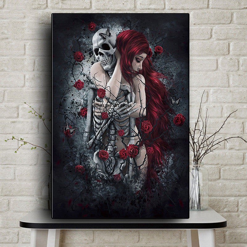 Skull Wall Art Painting Red Rose Canvas Picture Long-Haired Woman Poster and Print for Home Interior Decor Frameless Wall Print