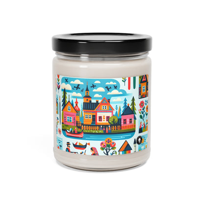 "Whimsical Village: A Folk Art Fairytale" - Vela de soja con aroma a alienígena, 9 oz, arte popular