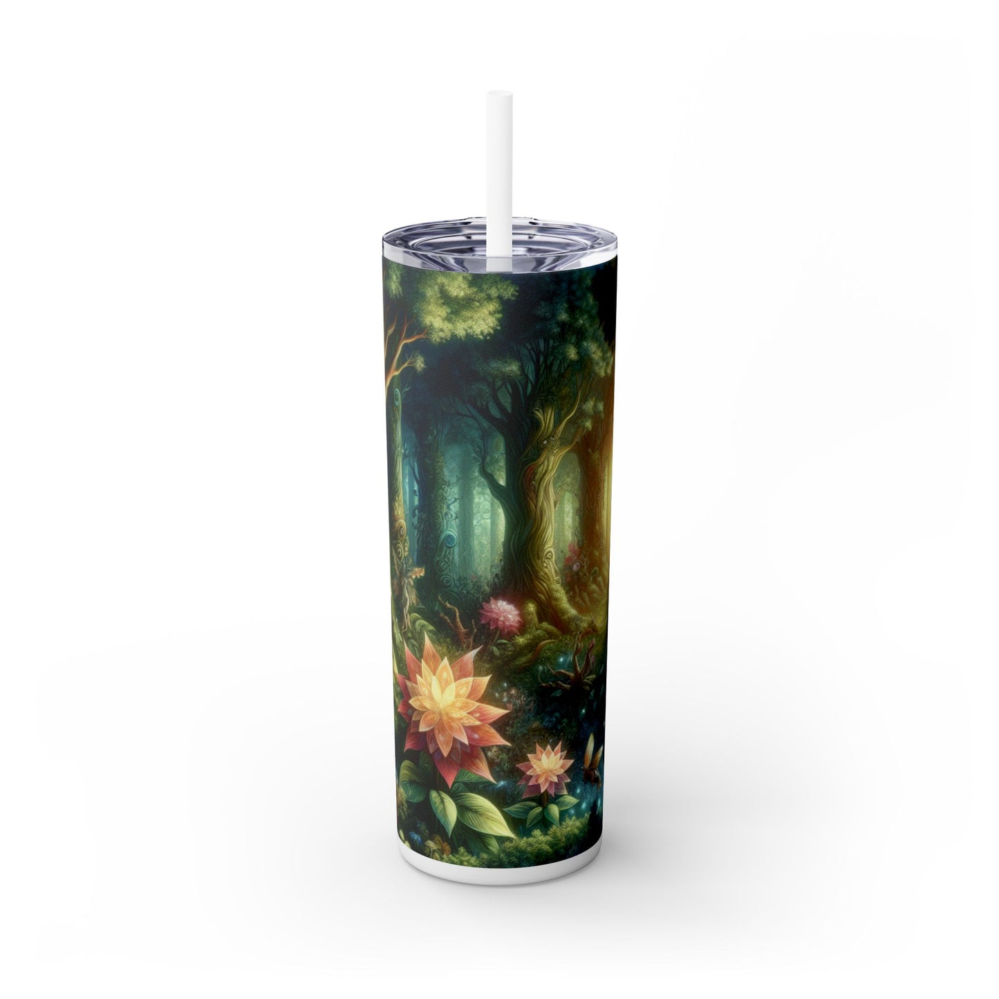 Bosque encantado: flores resplandecientes y seres místicos - Vaso delgado con pajita de 20 oz de Alien Maars®