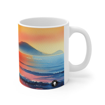 "Amanecer en la playa" - Taza de cerámica The Alien 11oz Pintura de acuarela