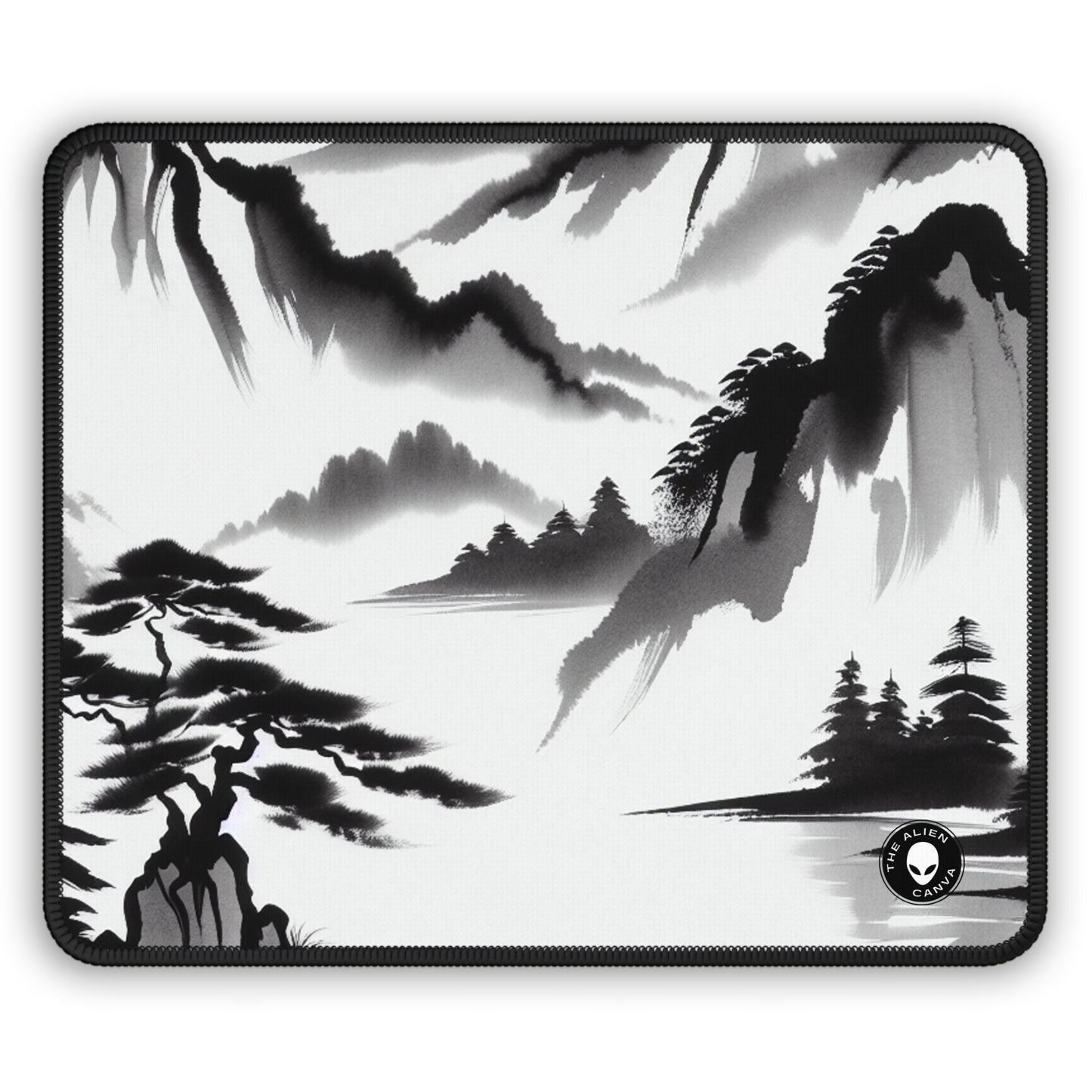 "Mountain Reflection: A Serene Zen Ink Painting" - The Alien Gaming Mouse Pad Zen Ink Painting