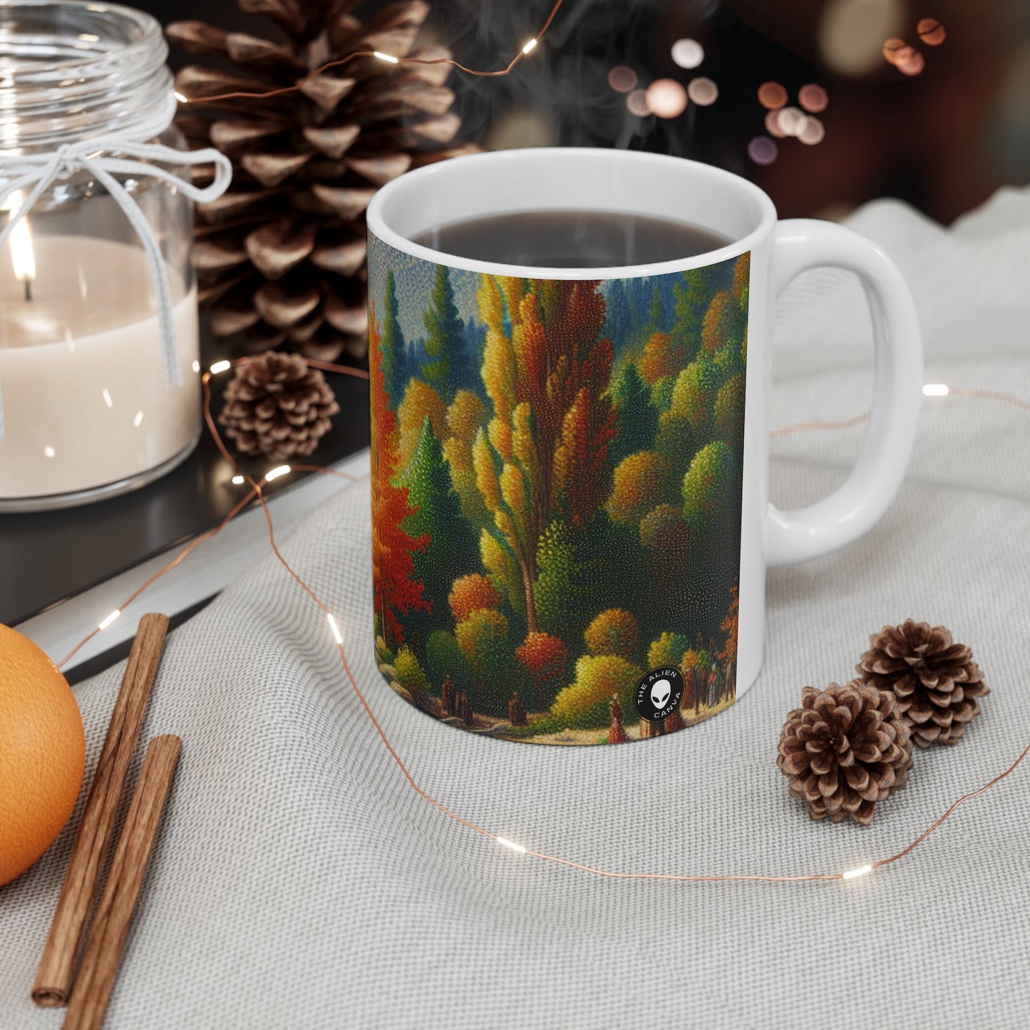 "Serenity in Dots: A Pointillism Sunset at the Beach" - The Alien Ceramic Mug 11oz Pointillism