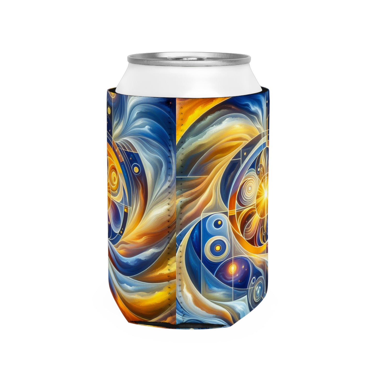 "Divinidad ascendente: un despertar espiritual en una geometría vibrante" - The Alien Can Cooler Sleeve Estilo de arte religioso