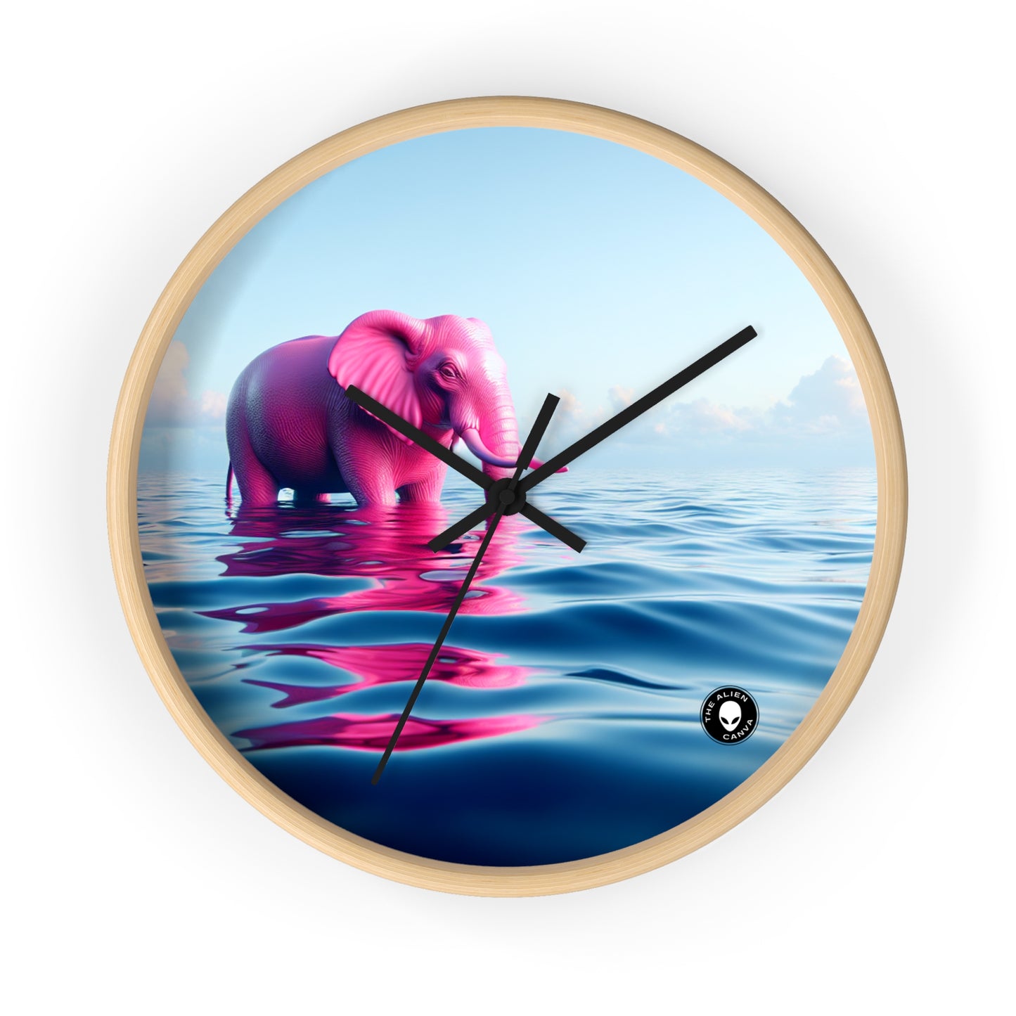 "L'éléphant rose dans la mer d'un bleu profond" - L'horloge murale extraterrestre Un éléphant rose flottant dans l'océan