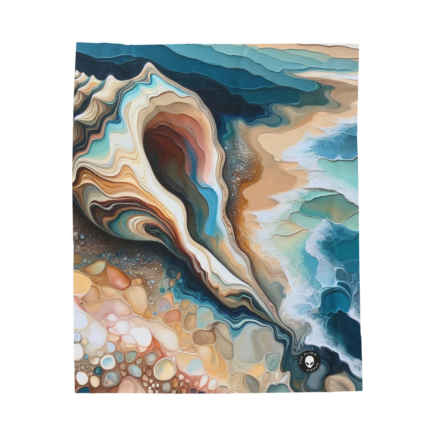 « Une vue sur la plage à travers un coquillage » - La couverture en peluche Alien Velveteen Acrylique Pouring