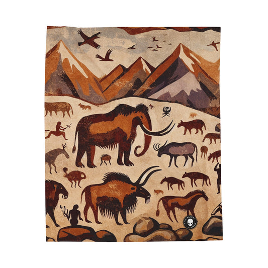 Title: "Ancient Encounter: The Battle of Giants" - The Alien Velveteen Plush Blanket Cave Painting