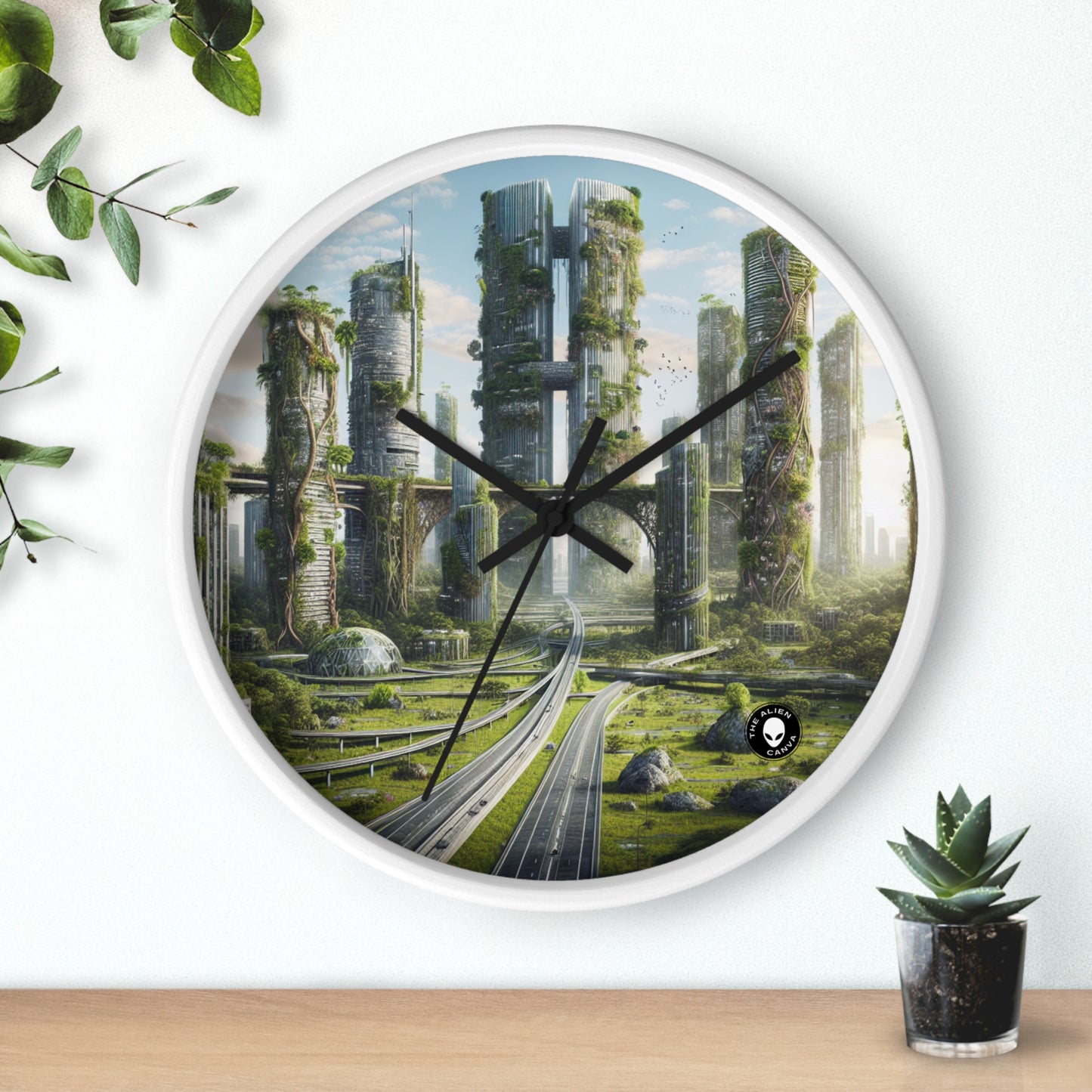 "Nature's Reclamation: A Futuristic Cityscape" - The Alien Wall Clock