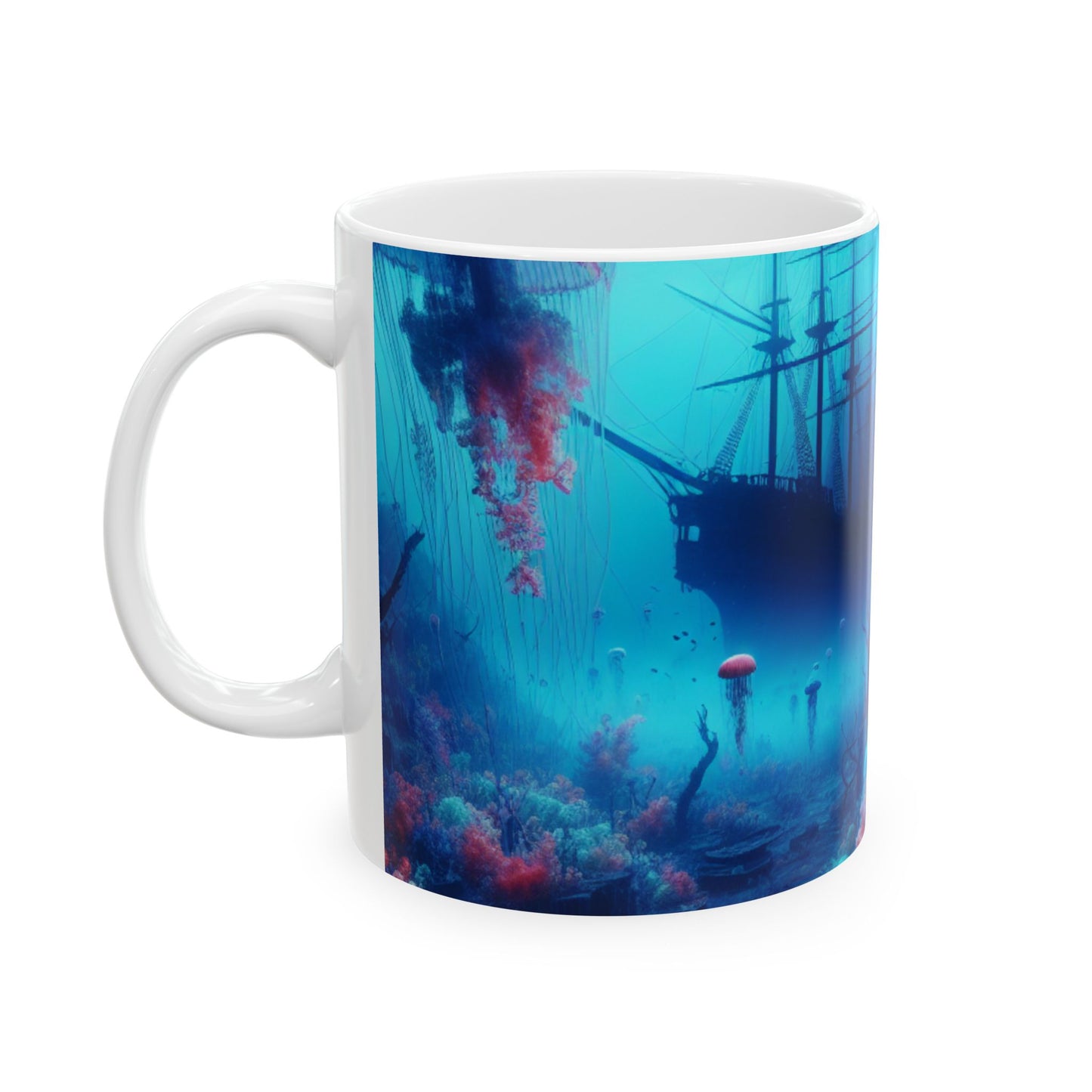 "Jellyfish Haven: Un mundo submarino surrealista" - Taza de cerámica alienígena de 11 oz