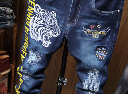 Men's Vintage Tiger Head Embroidered Printed Jeans