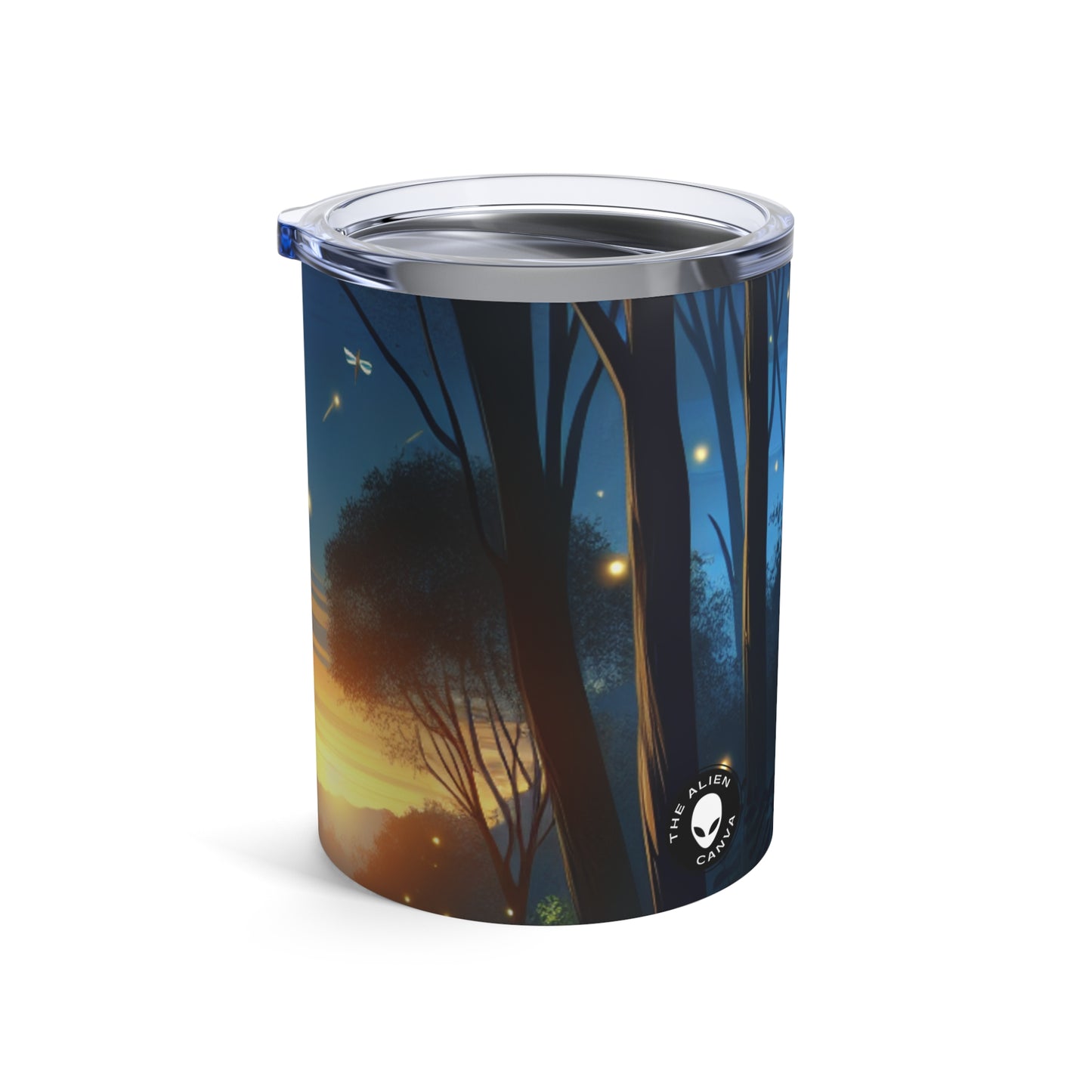 "Atardecer encantado: Luciérnagas en el bosque" - Vaso Alien de 10 oz