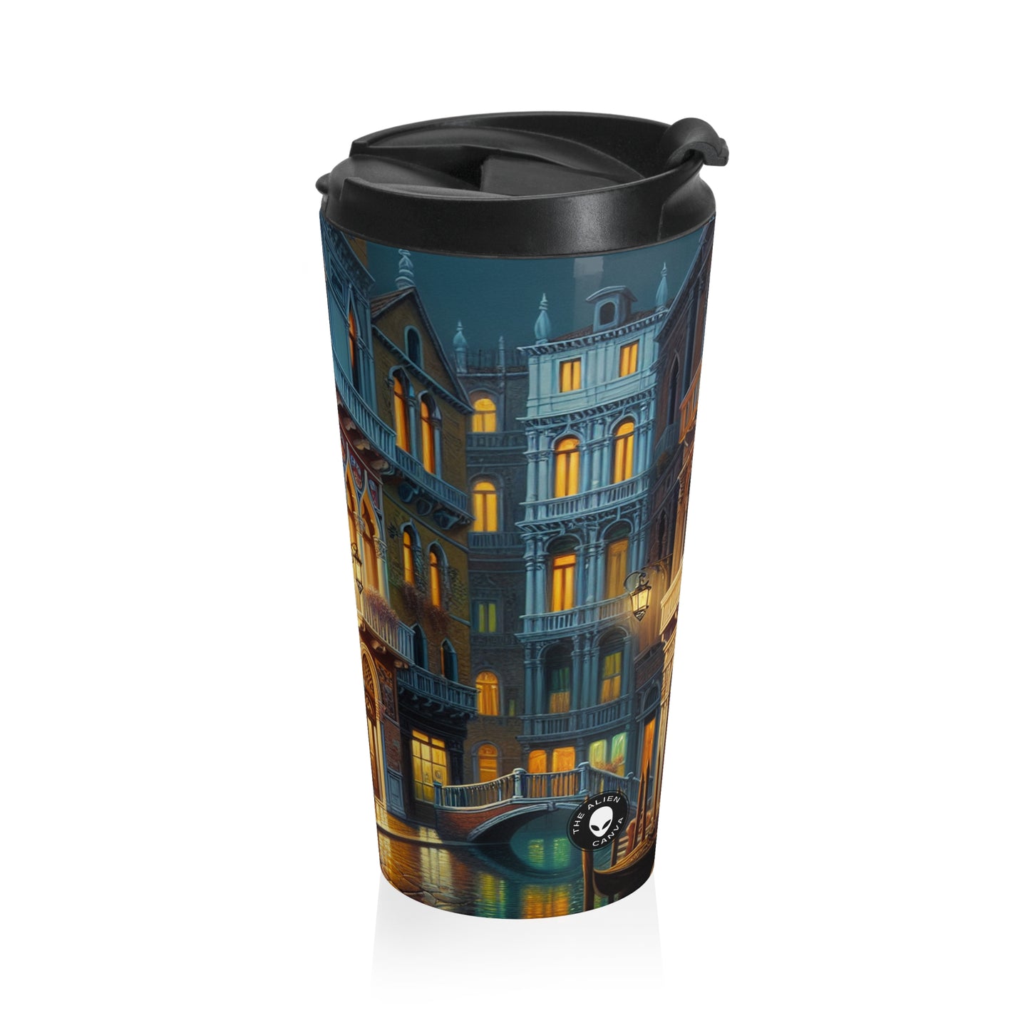 "Noche veneciana: una escena callejera luminosa" - Taza de viaje de acero inoxidable The Alien Venetian School