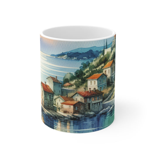 "Glimpse of a Seaside Haven" - Taza de cerámica alienígena de 11 oz estilo pintura de acuarela