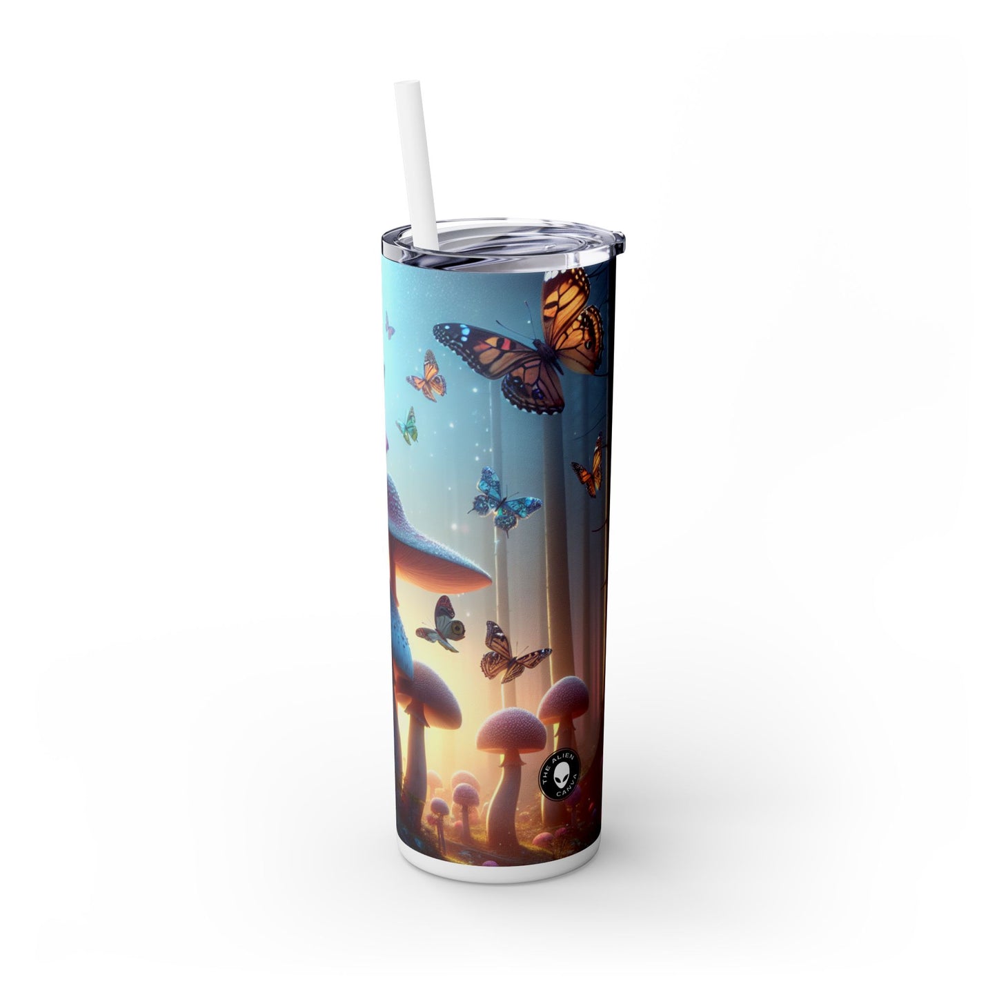 "Bosque crepuscular: mariposas revoloteando y hongos imponentes" - Vaso delgado con pajita de 20 oz de Alien Maars®