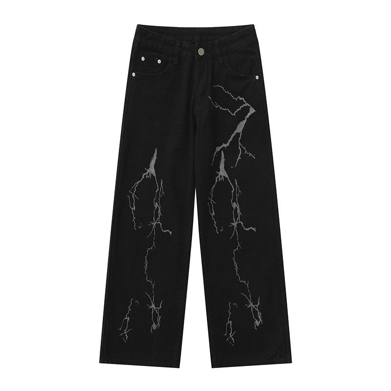 Printed Black Denim Wide-leg Straight Pants