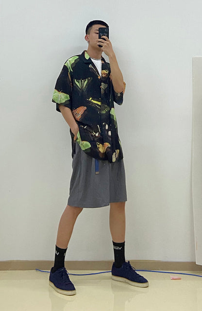 Printed Black Hawaiian Short Sleeve Shirting