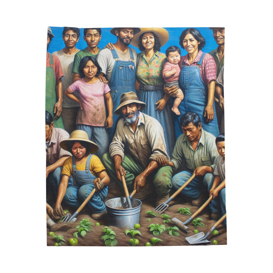 "Reaping Hope: A Migrant Family in the Garden" - The Alien Velveteen Plush Blanket Social Realism Style