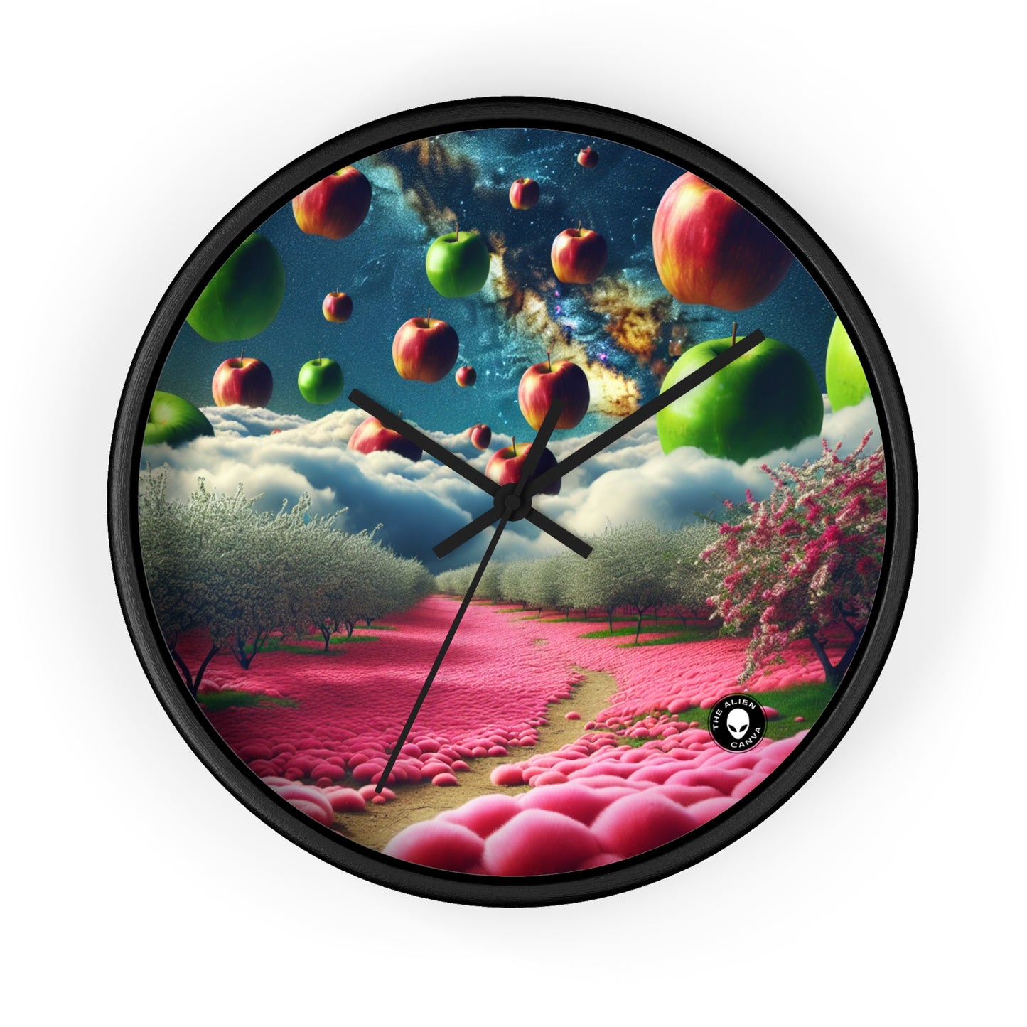 « Ciel de pomme et tapis de fleurs roses : un paysage surréaliste » - L'horloge murale Alien