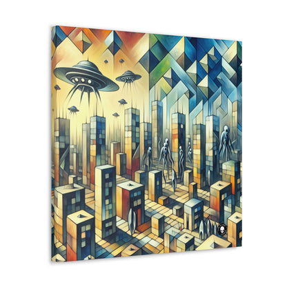 "Cubism in a Futuristic, Alien-Invaded City". - The Alien Canva A futristic city invaded by aliens in cubism art style