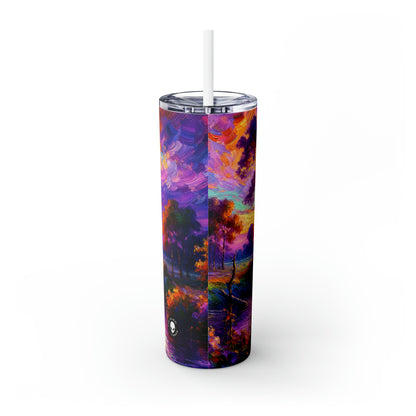 "Boulevards of Illumination: A Vibrant Post-Impressionist Cityscape" - The Alien Maars® Skinny Tumbler with Straw 20oz Post-Impressionism