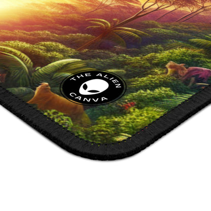 "Atardecer en la jungla: un encuentro salvaje" - La alfombrilla de ratón para juegos Alien