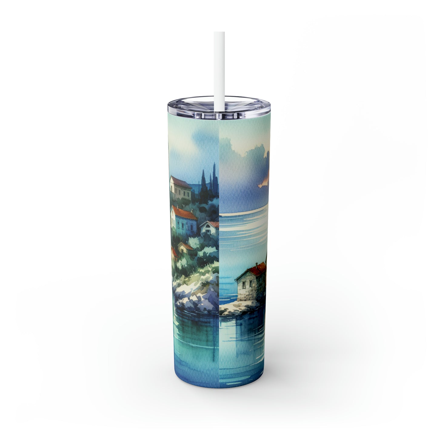 « Aperçu d'un havre de bord de mer » - The Alien Maars® Skinny Tumbler avec paille 20oz Style de peinture à l'aquarelle