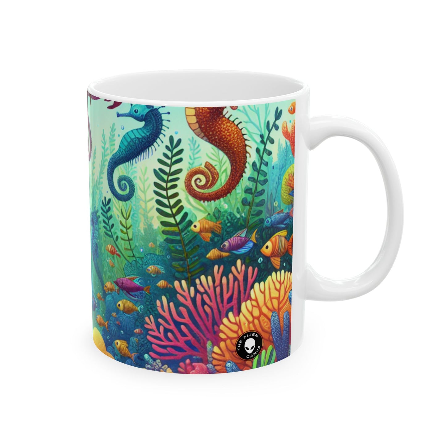 Reino acuático encantado: sirenas y caballitos de mar - Taza de cerámica alienígena de 11 oz