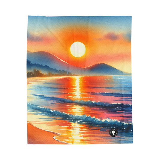 « Lever du soleil à la plage » - La peinture à l'aquarelle de la couverture en peluche Alien Velveteen